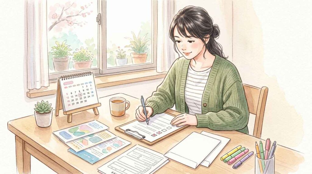チェックリストを見ながら大学無償化の申請書類を準備する女性