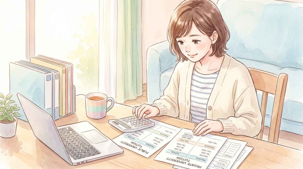 電卓と学費資料を並べて大学費用を計算する女性