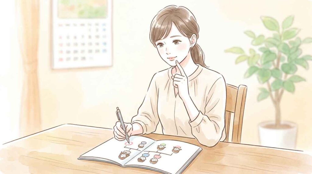 家族構成を書いたノートを見ながら扶養人数を確認する女性