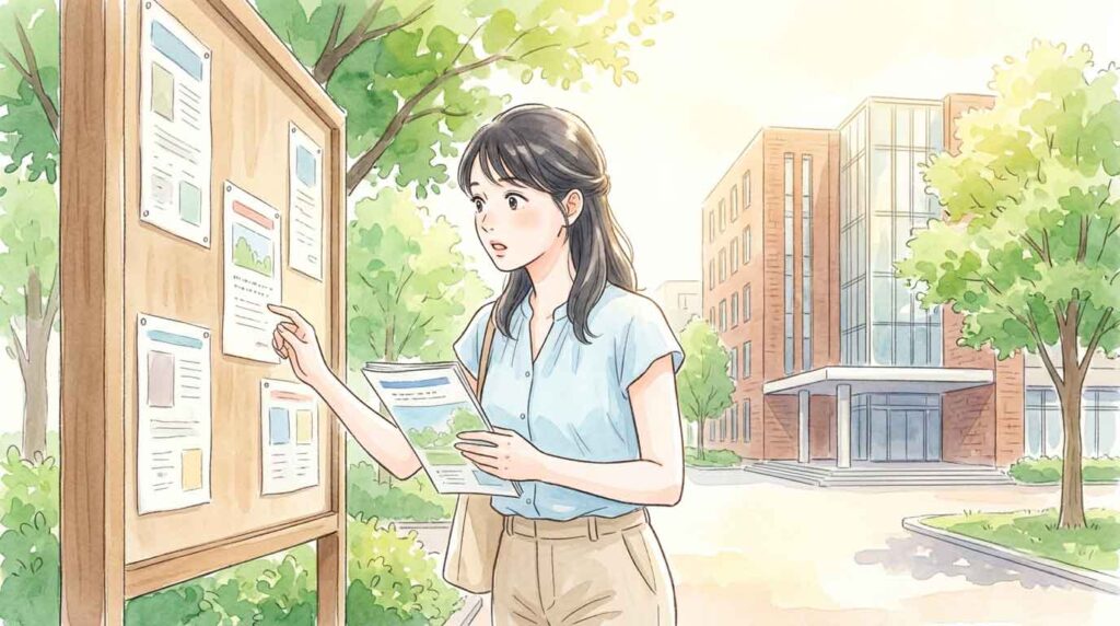  大学のパンフレットと支援制度の資料を確認する女性