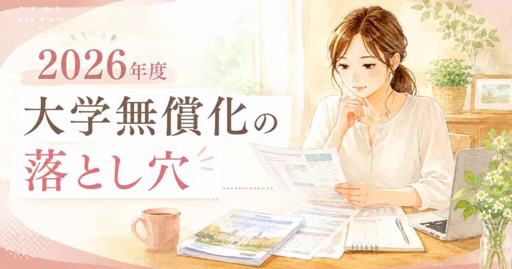 大学の資料と家計ノートを見ながら教育費について考える女性