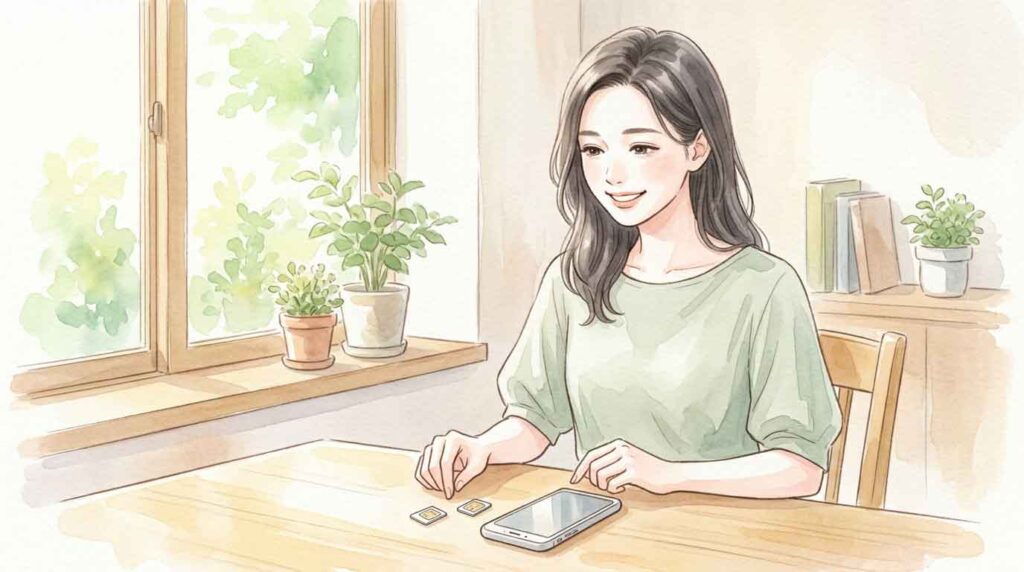 スマートフォンを2枚のSIMカードと一緒にテーブルに置いている女性