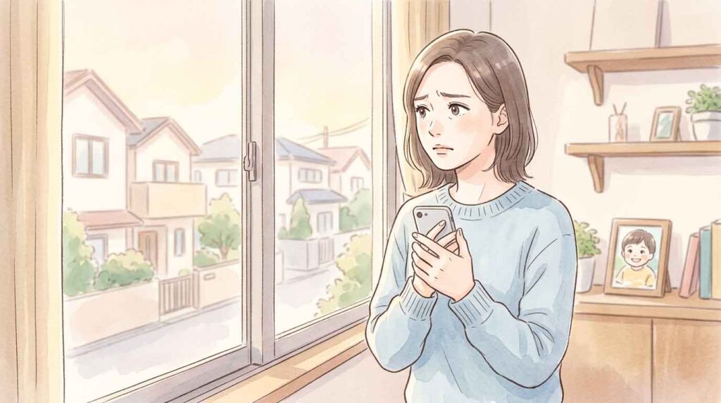 子どもを心配して窓の外を見つめる女性