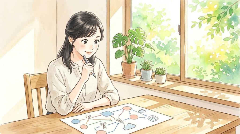 スマートフォンを手に持ち、機内モードを操作している女性