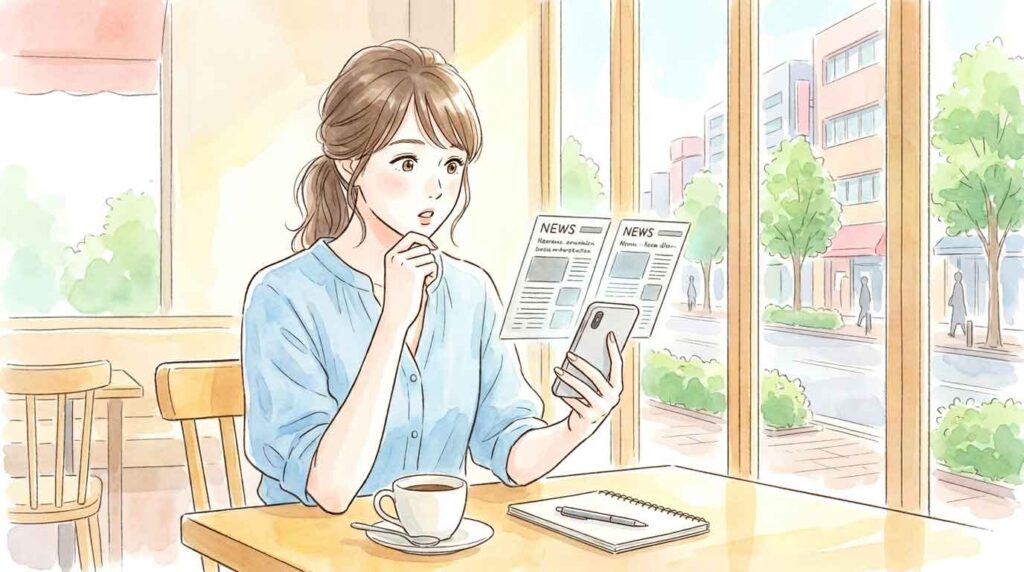 通信の仕組みを図解したノートを眺めている女性