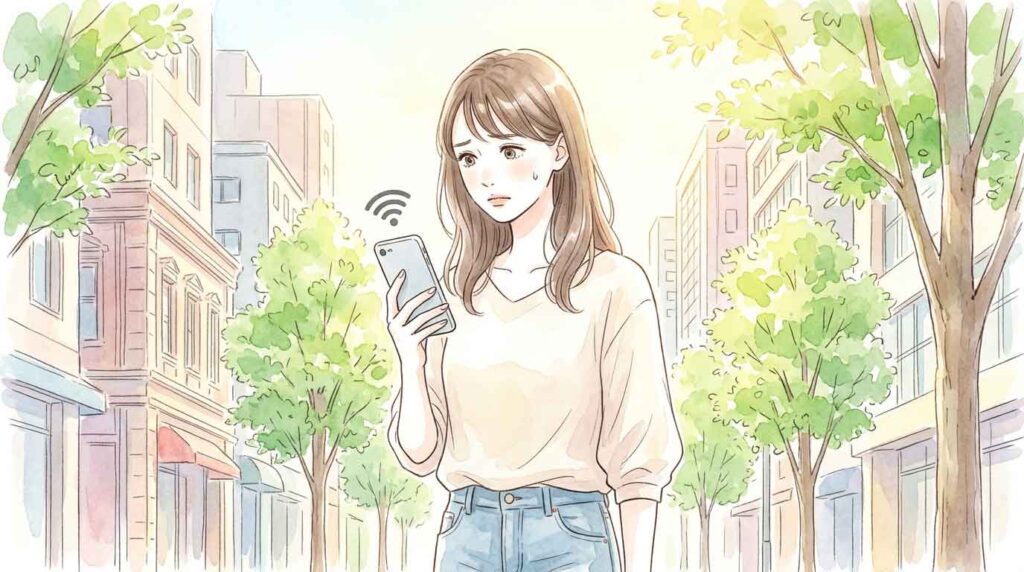 スマートフォンの画面を不思議そうに確認している女性