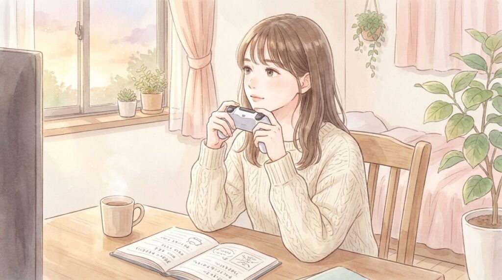 ゲームのコントローラーを持ちながら考え込む表情の女性のイラスト