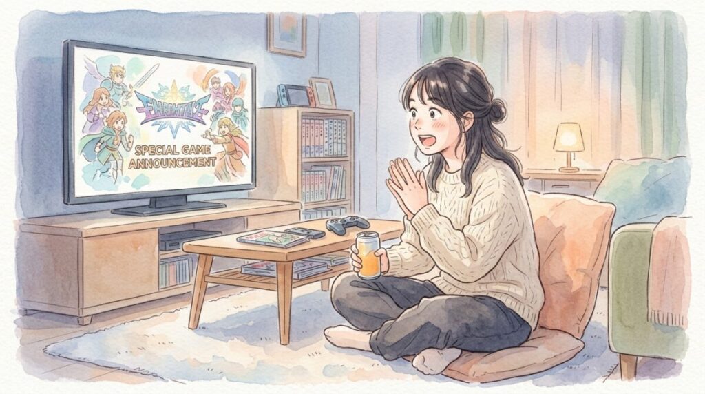 テレビ画面の前で新発表に驚いた表情で座る女性のイラスト