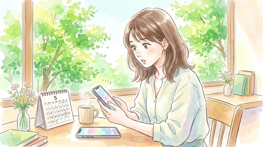カレンダーに印をつけてスマホでニュースを確認する女性のイラスト