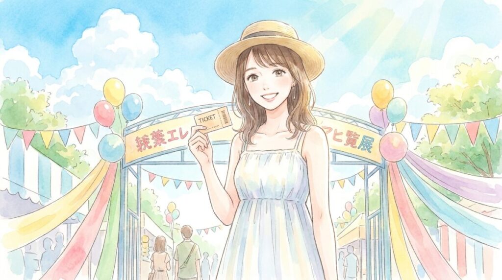 イベント会場の前でチケットを手に笑顔の女性のイラスト