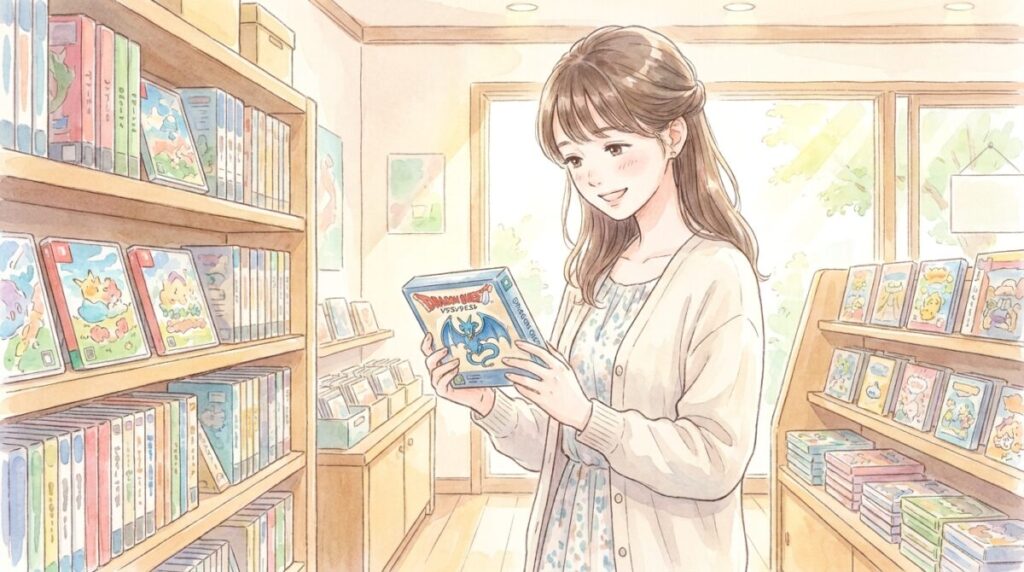 ゲームソフトのパッケージを手にとって選ぶ女性のイラスト
