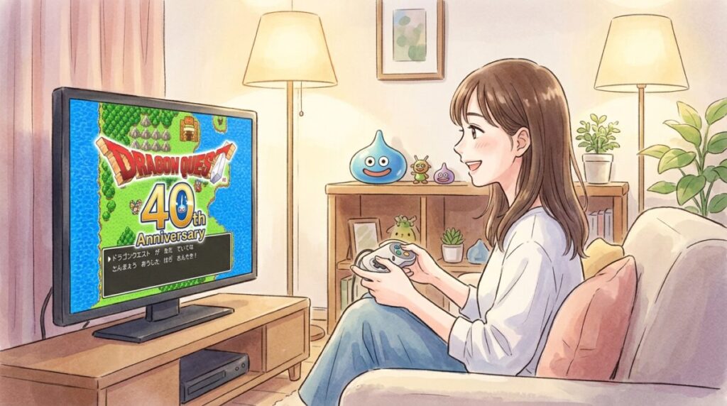 テレビ画面の前で新発表に驚いた表情で座る女性のイラスト