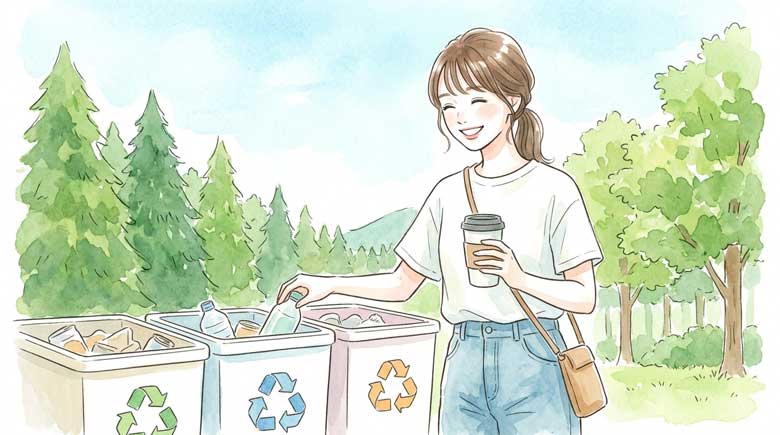 野外フェスでゴミを分別するエコな女性のイラスト