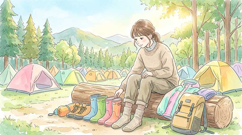 フェスキャンプサイトで雨具を整理する女性のイラスト