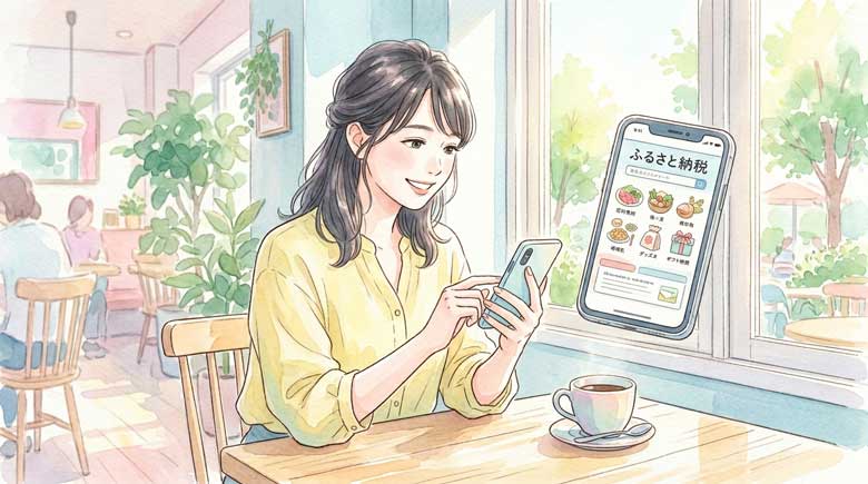 ふるさと納税サイトを見て喜ぶ女性のイラスト