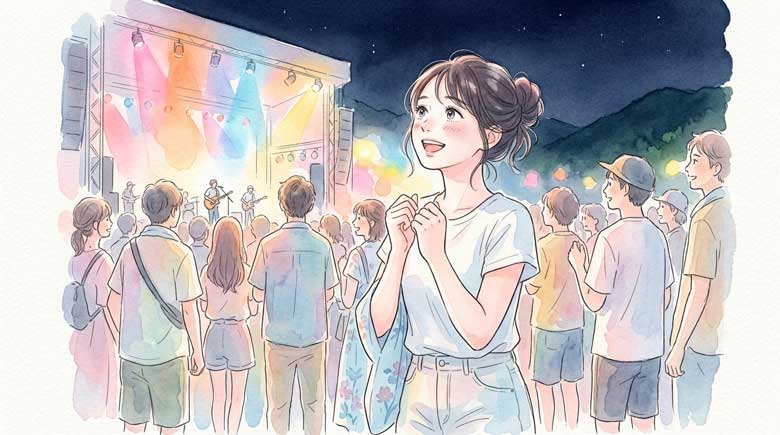夜の野外フェスでステージを見上げて感動する女性のイラスト