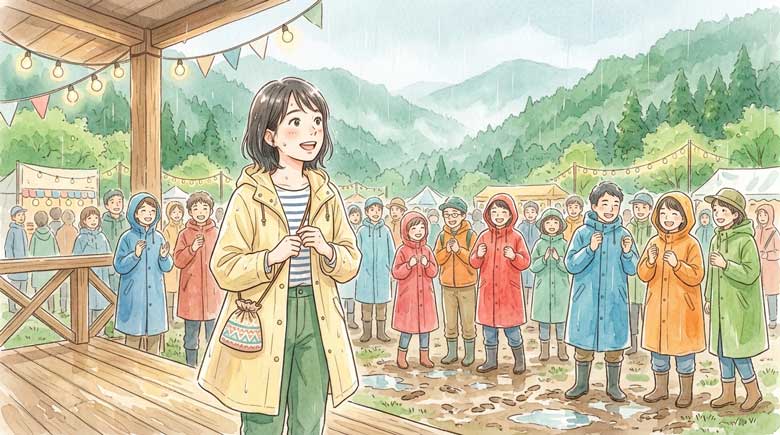 雨の中フェス会場で感動した表情の女性のイラスト
