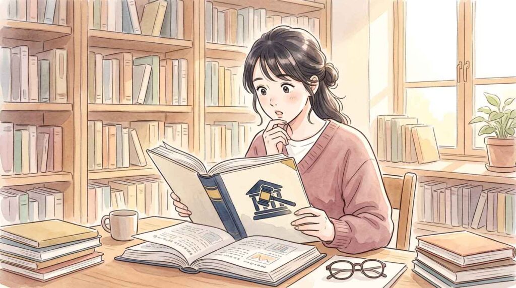 法廷のイメージと地方自治体を象徴する庁舎を背景に考え込む女性のイラスト