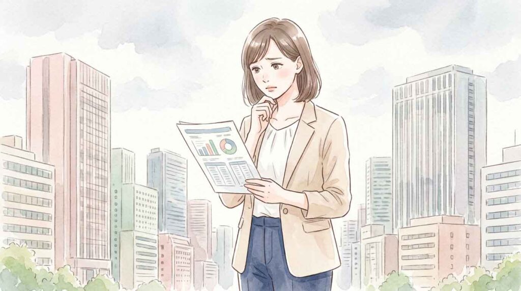 東京のビル群を背景に困惑した表情で資料を見つめる女性のイラスト
