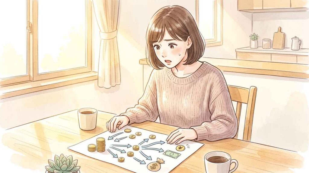 10,000円札が複数の方向に分かれて流れていくイメージイラスト