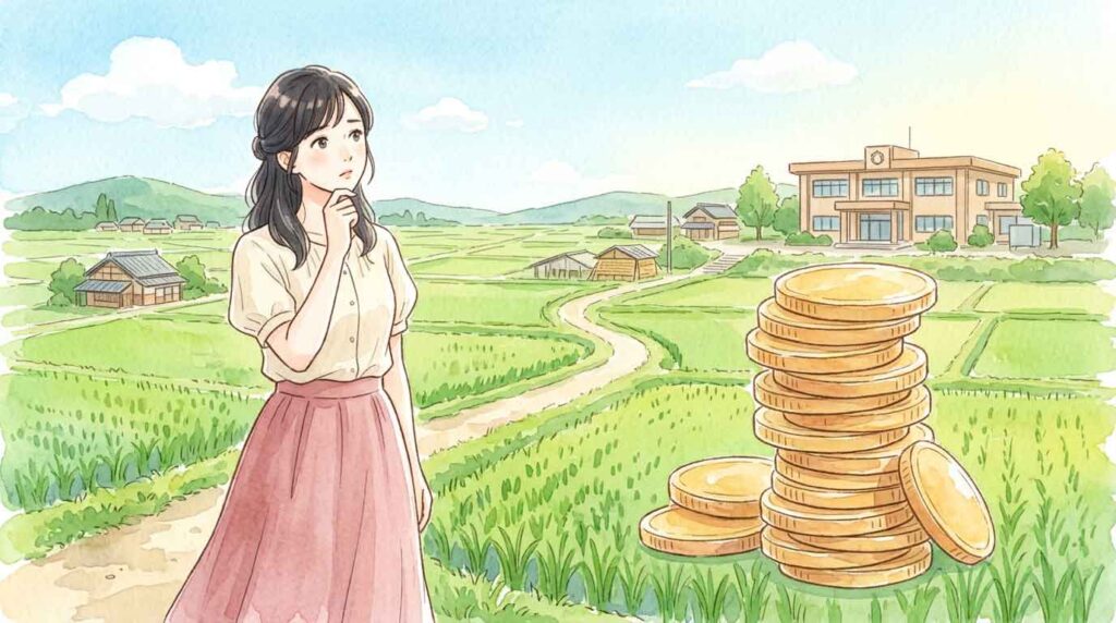 大きな積み重なったコインと地方の田園風景を見つめる女性のイラスト