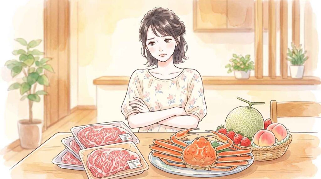 高級食材の詰め合わせを前に戸惑った表情で立つ女性のイラスト