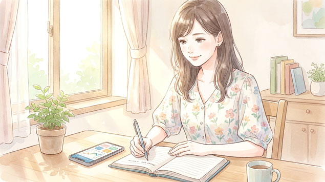 家計簿をつけながら節約を考える女性と、スマートフォンで投資アプリを開くイメージ