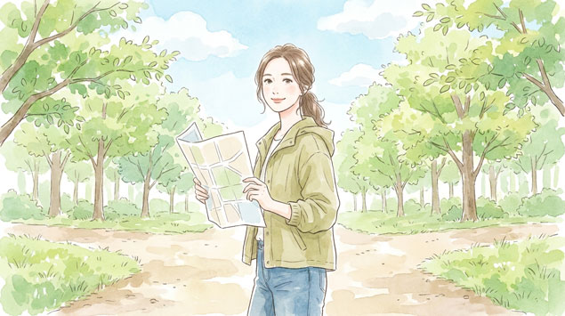  分岐する道の前で地図を広げて方向を考える女性