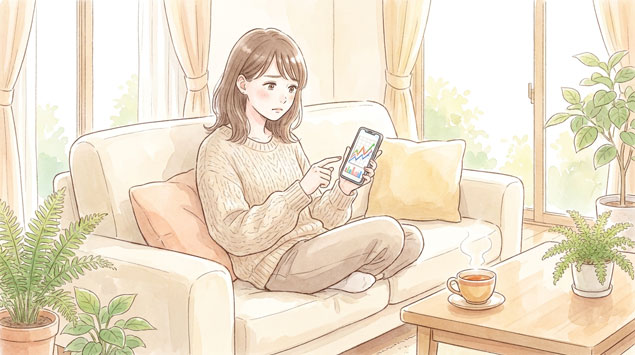 為替チャートをスマートフォンで確認しながら考え込む女性