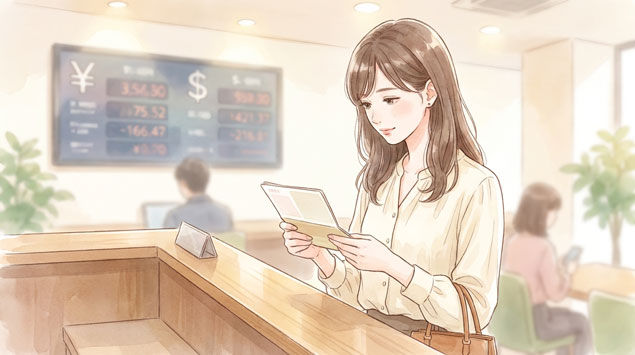 日本の銀行窓口で通帳を確認する女性と背景に円とドルの為替レートボード