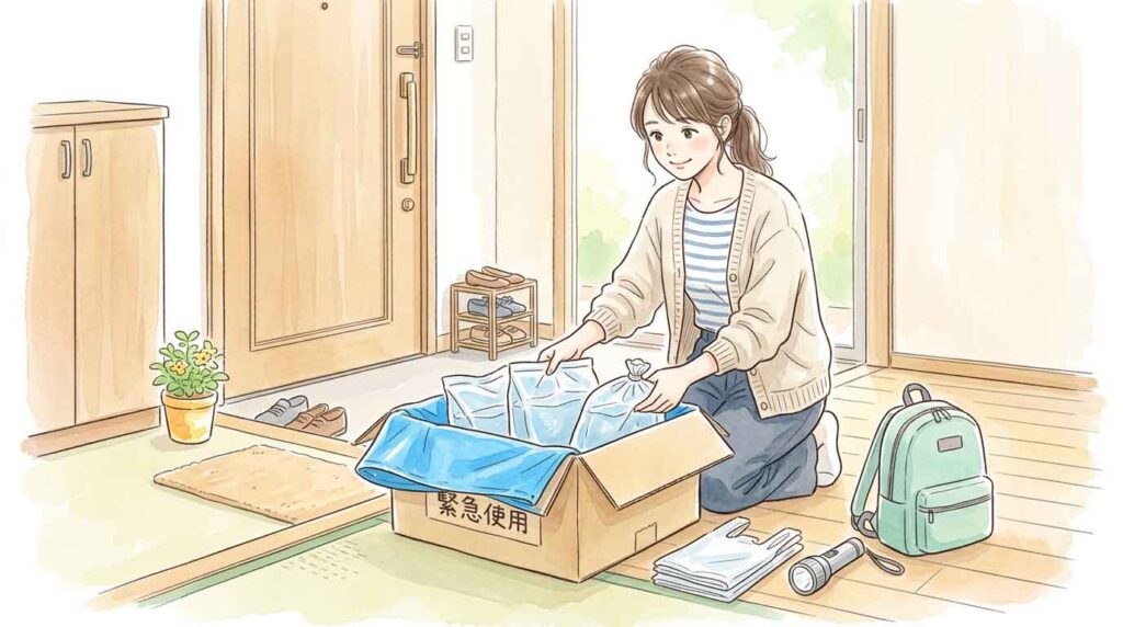 玄関で水のうと防災リュックを準備する女性