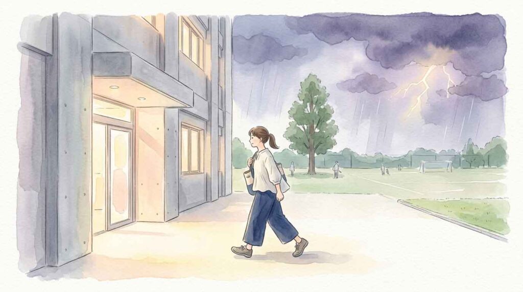雷雲の下で建物へ避難する女性と街路樹のある道