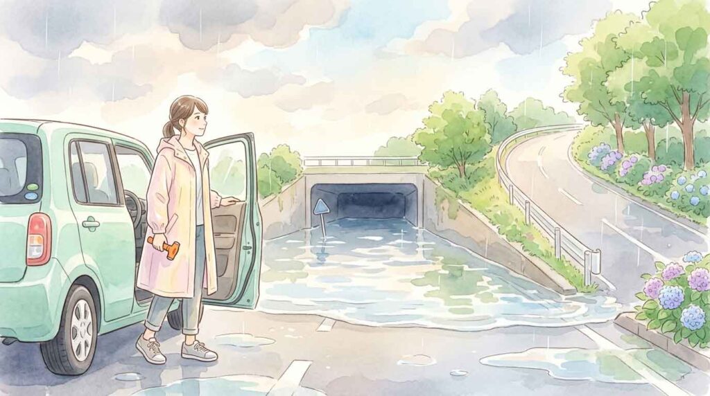 ゲリラ豪雨で冠水した道路で車を止めて脱出経路を考える女性