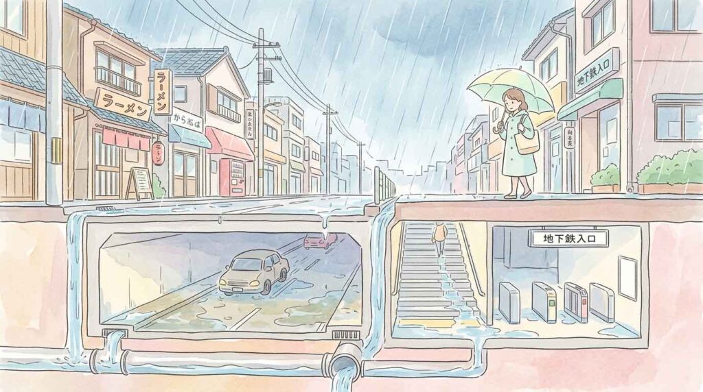 ゲリラ豪雨でアンダーパスと地下入口に水が集まる都市の断面イメージ