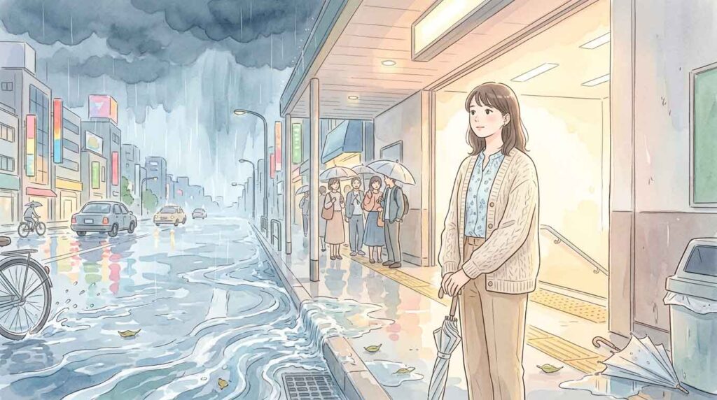 突然の大雨で道路が冠水しはじめた街のイラスト