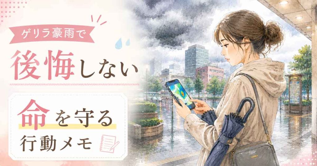 黒い雲が近づく街で雨雲レーダーを確認する女性