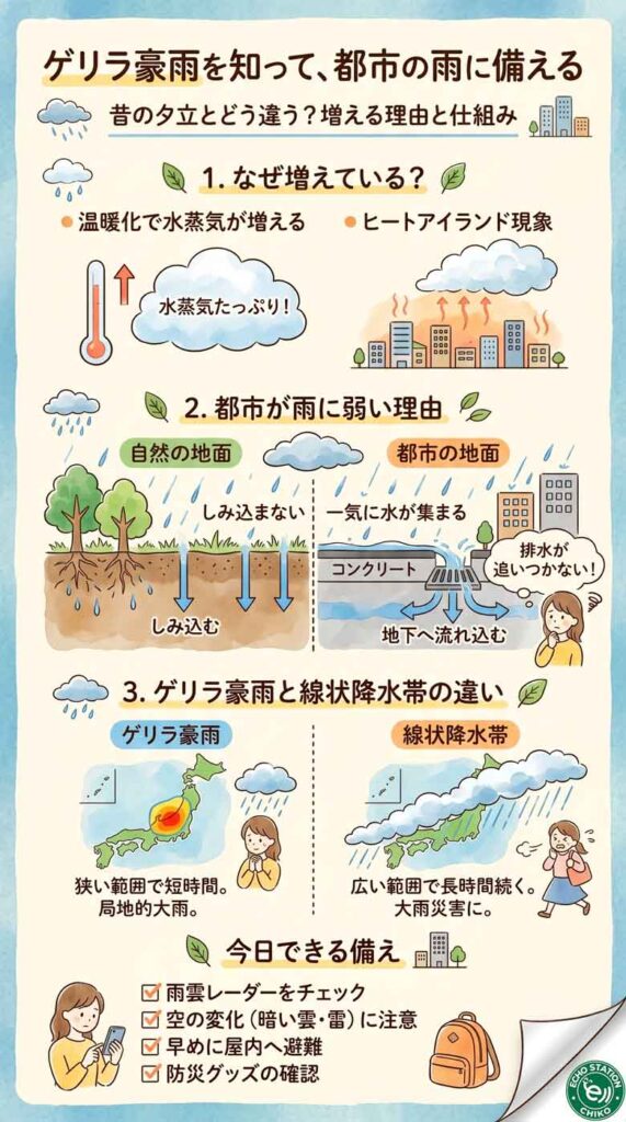 ゲリラ豪雨で後悔しないために。家・車・外出先で命を守る行動メモインフォグラフ