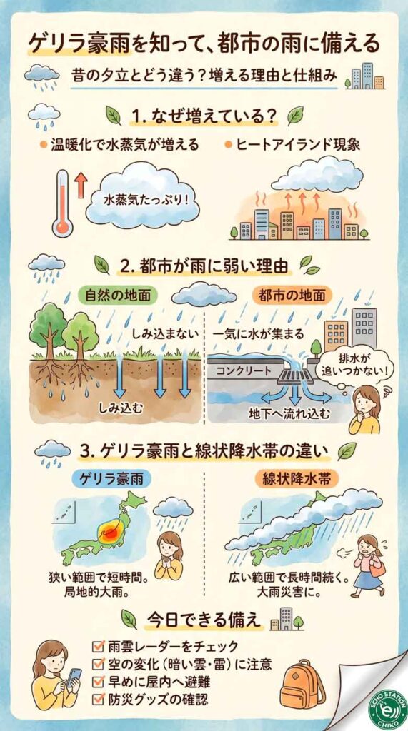 「ゲリラ豪雨」はもう他人事じゃない?都市で水があふれる理由と今日できる備えインフォグラフ