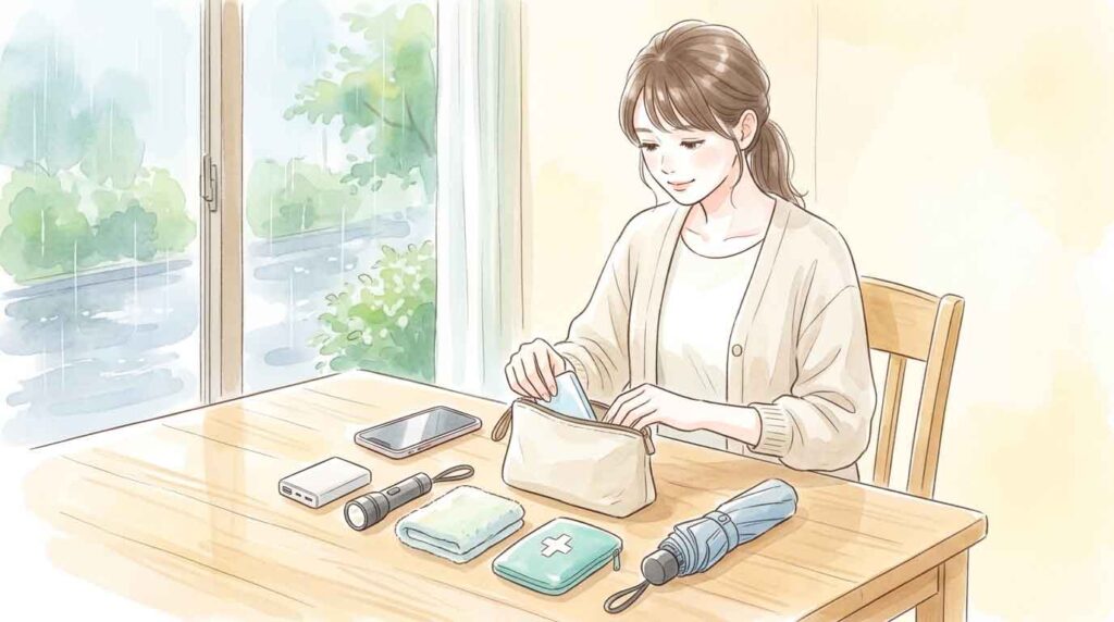 防災ポーチとスマートフォンをバッグに入れて外出準備をする女性