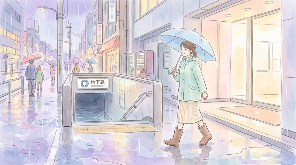 地下街の入口と冠水した道路を避けて地上の建物へ向かう女性