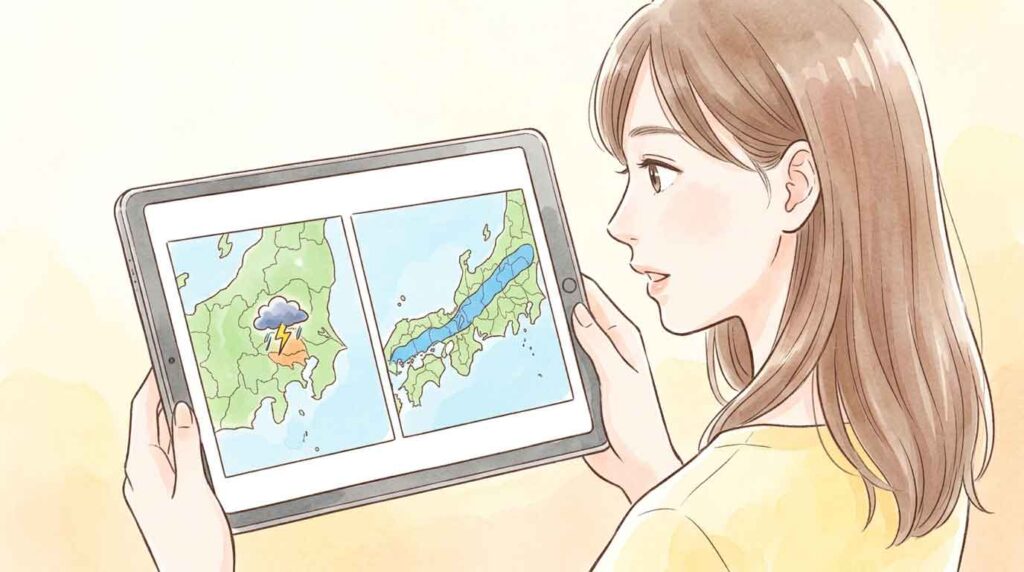 狭い範囲の雷雨と長く伸びる雨雲の違いを地図で確認する女性