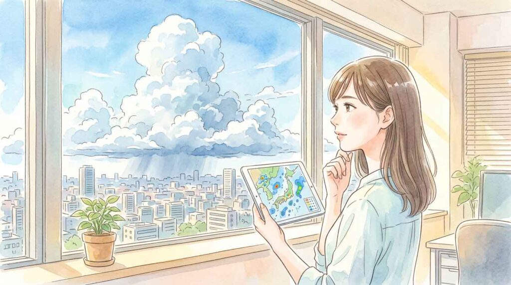 積乱雲が発達する空と都市の雨雲レーダーを見比べる女性