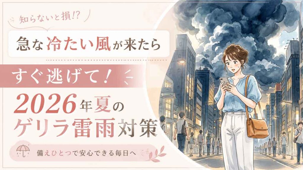 夏の都市の空に黒い積乱雲が湧き上がる様子をスマートフォンで見て驚く女性