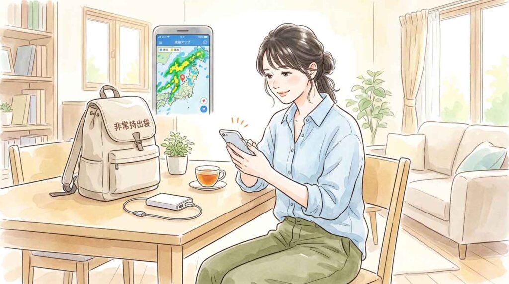防災アプリで雨雲レーダーを確認してほっとした表情の女性