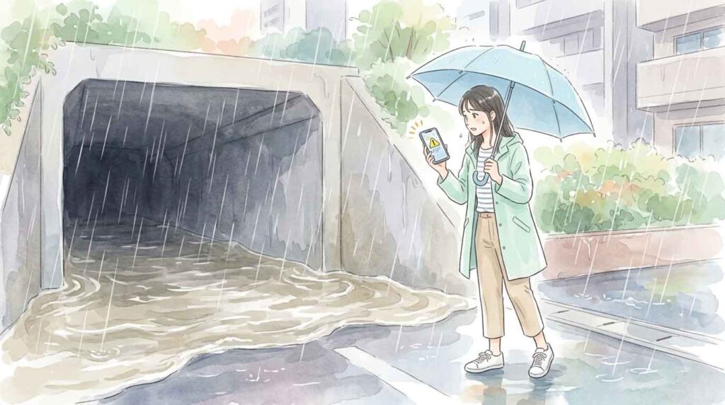 雨でアンダーパスに水が溜まっていくのを見て驚いている女性