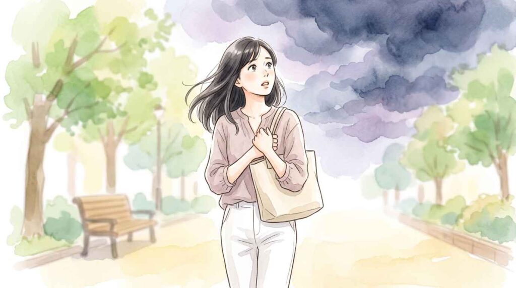 突然の冷たい風と暗い積乱雲を感じて立ち止まっている女性