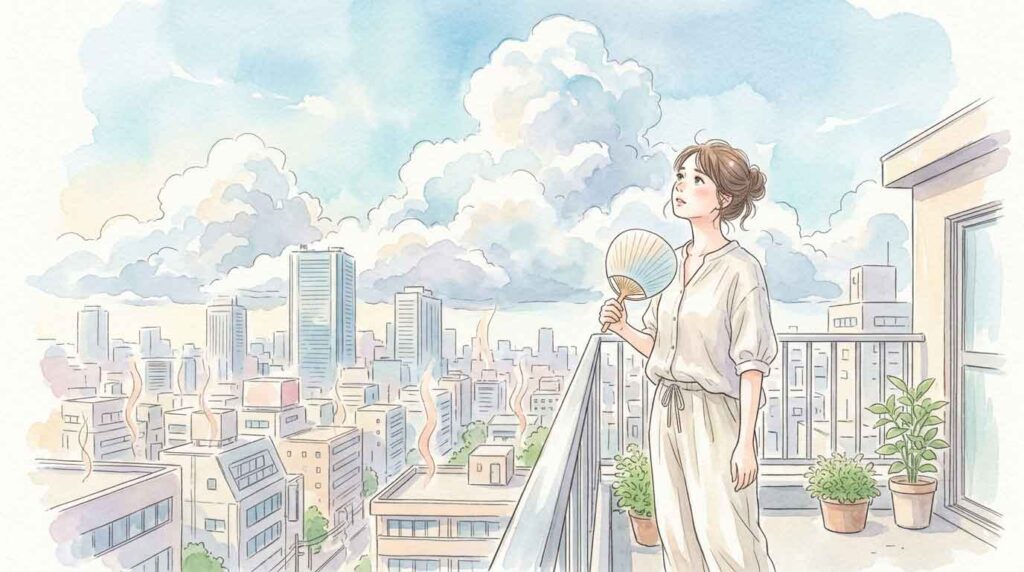  ヒートアイランドで熱気立ち込める都市と上空の積乱雲を見上げている女性