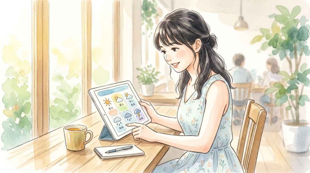 気象の種類を図解した表を見てわかった顔をしている女性