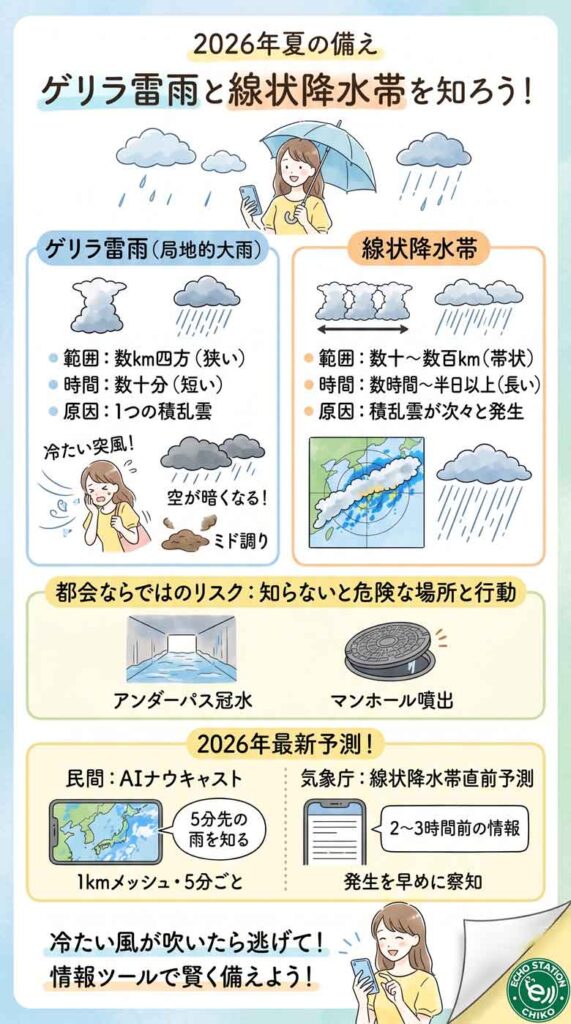 急に冷たい風が吹いたら逃げて！ゲリラ雷雨の前兆と線状降水帯との違いを知っておく2026年夏の備え インフォグラフ