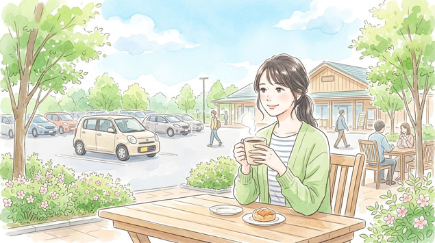 高速道路のサービスエリアで休憩しながらコーヒーを飲んで一息つく女性